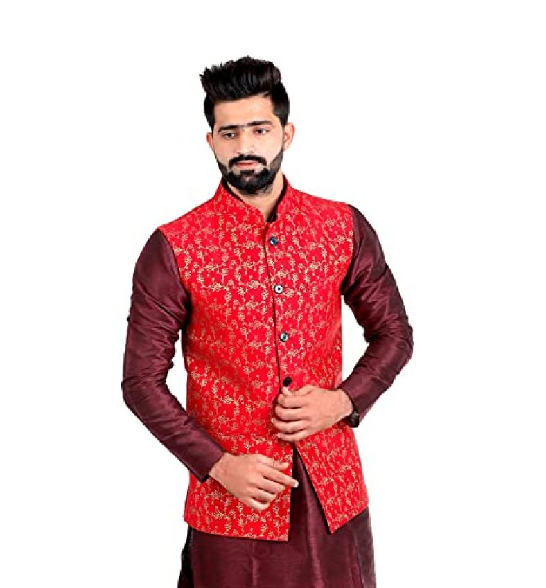 Veera Paridhaan Men’S Banarasi Print Nehru Jacket (40, Red)
