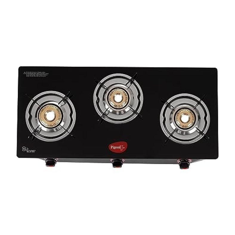 Pigeon By Stovekraft Aster 3 Burner Gas Stove With High Powered Brass Burner Gas Cooktop With Glass Top And Powder Coated Body – Black