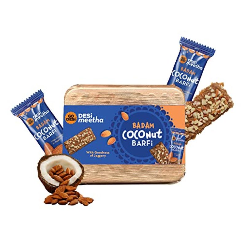 Go Desi – Desi Meetha Badam Coconut Barfi | 300 Grams | Indian Sweets Diwali Gift Pack | 25 Individually Wrapped Barfis | Dry Fruits Sweet | Almond Nuts Bar | Sweets Indian Mithai