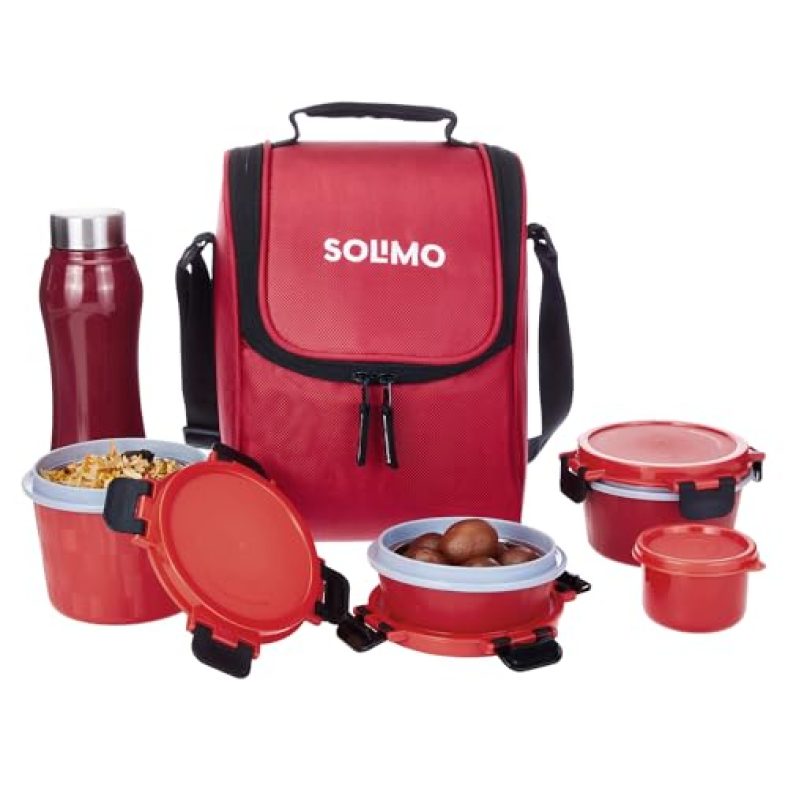 Amazon Brand – Solimo Lunch Box Set With Insulated Fabric Bag | Leak Proof Microwave Safe Containers & Bpa Free Detachable Lock Lids | 250 + 400 + 500 + 150 Ml Containers & 750Ml Ss Water Bottle | Red