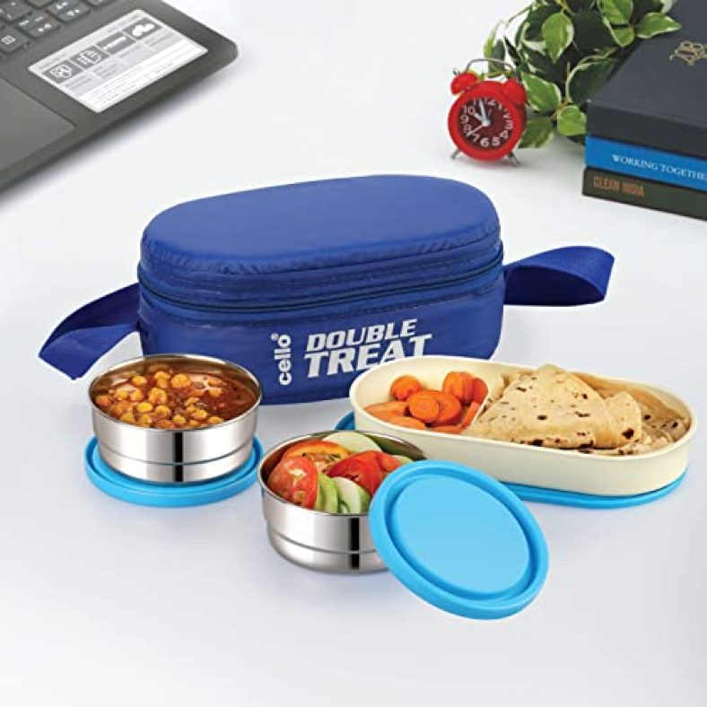 Cello Double Treat Lunch Box With Jacket, 3 Container, (2 Units Round Container – 300 Ml, 1 Unit Oval Container), Blue, Stainless Steel, Plastic
