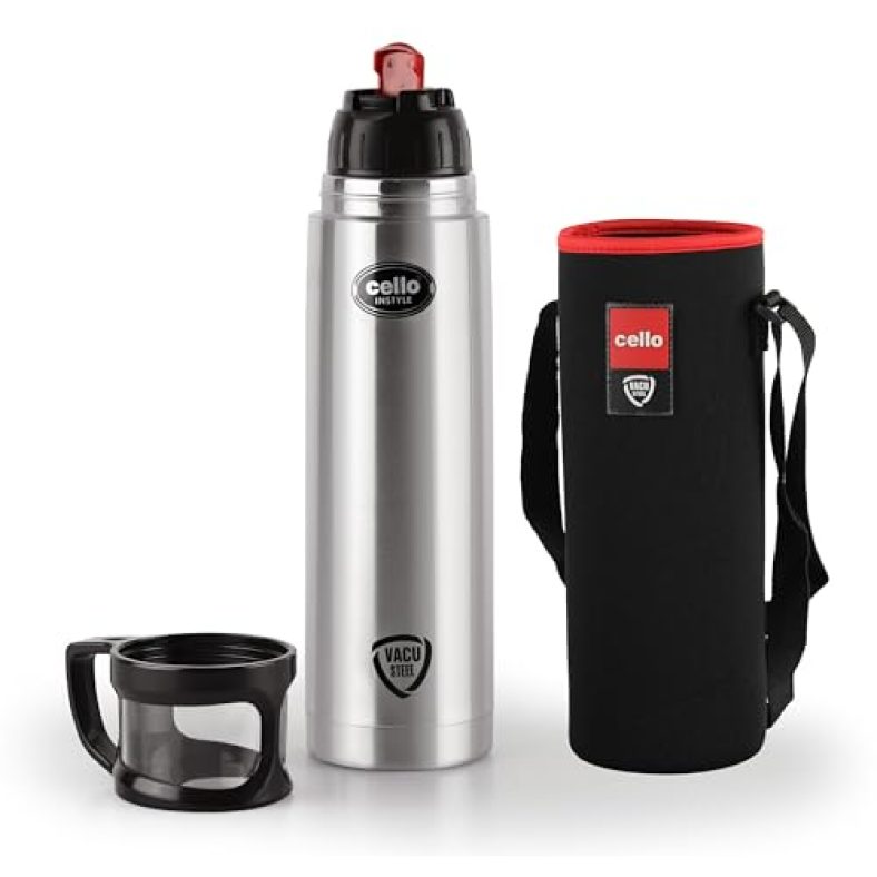 Cello Instyle Vacuum Insulated Flask With Jacket, 1000Ml Black | Hot And Cold Water Bottle With Dual Cup & Cap | Double Walled Stainless Steel Bottle For Travel, Home, Office, School