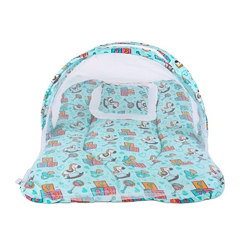Bumtum Baby Bed, Mosquito Net & Neck Pillow, Baby Gadda Set For New Born, 0-6 Month, Printed Baby Bedding, Baby Horse Sleeping Bed Of 71Cm X 47Cm X 5Cm, Sky Blue