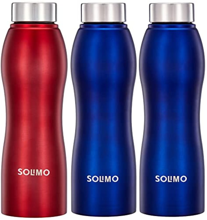 Amazon Brand – Solimo Water Bottle, Spill-Proof, Ergonomic, Safe For Refrigerator, Freezer And Dishwasher (Stainless Steel, Set Of 3), 1 Liter