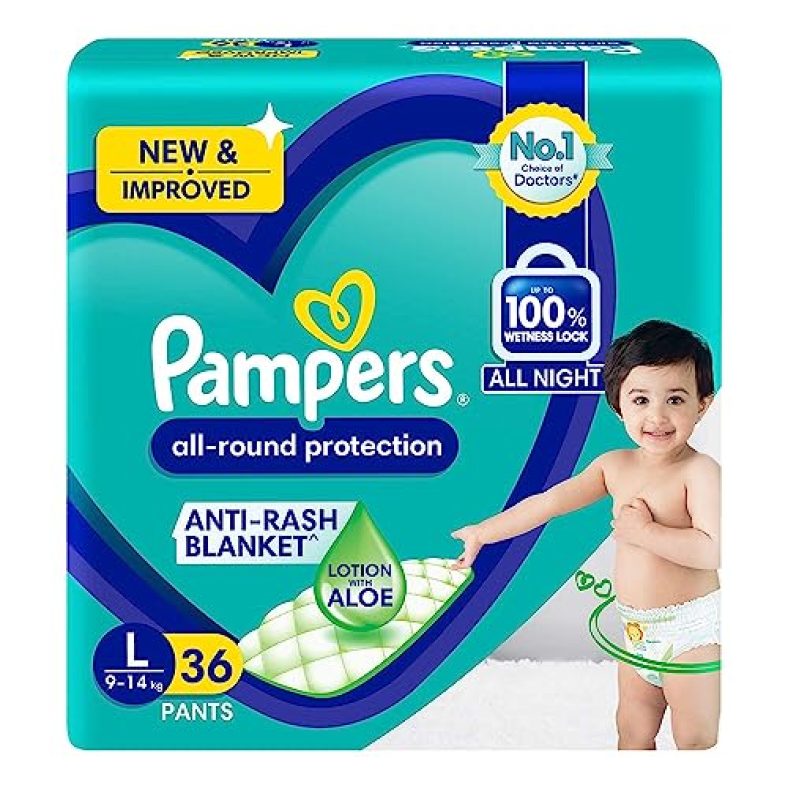 Pampers All Round Protection Pants, Large Size Baby Diapers, (L) 36 Count,9-14 Kg Lotion With Aloe Vera