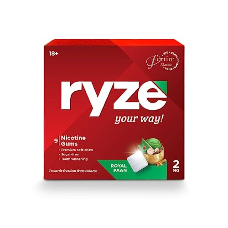 Ryze Nicotine Gum 2Mg | Royal Paan | Soft Chew, Easy On Throat, Sugar Free | Aids In Quitting Smoking & Chewing | Smoking Cessation | 9 Gums | Single Pack