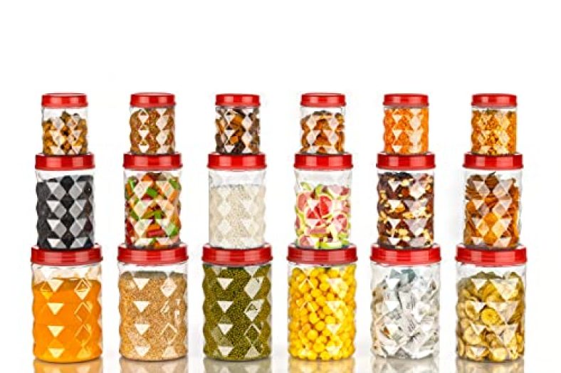 Clazkit Plastic Pet Storage Jar And Container, Set Of 18 (6 Pcs X 350Ml Each, 6 Pcs X 650Ml Each, 6 Pcs X 1.20Ltrs Each), Red | Air Tight | Kitchen Organiser | Bpa Free | Stackable