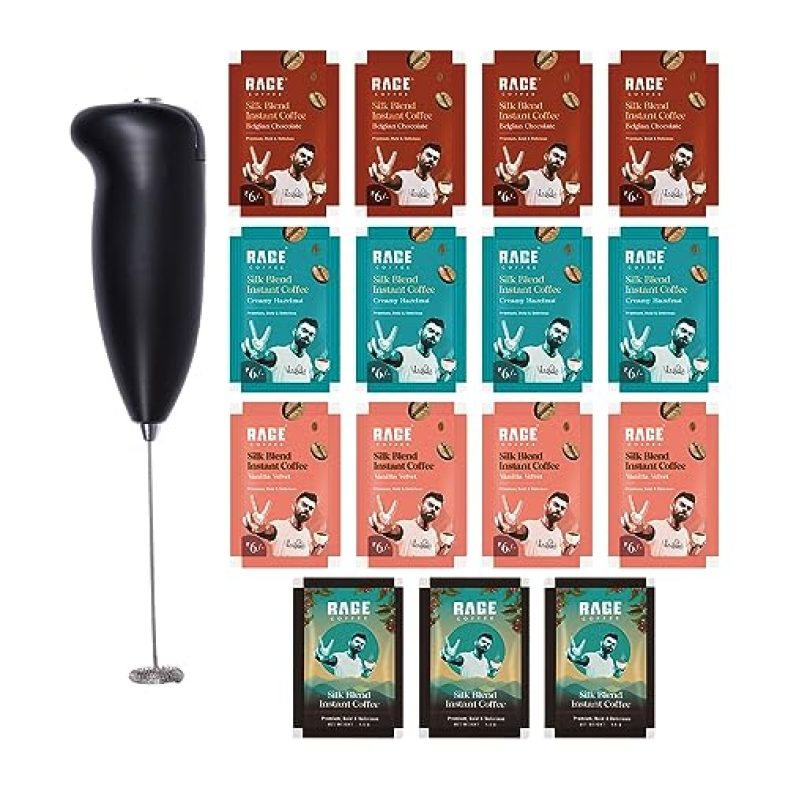 Rage Coffee – Silk Blend Assorted Sachets & Frother Coffee Kit Combo (15 X 1.5 Gram Sachets) | 3 Classic, 4 Creamy Hazelnut, 4 Vanilla Velvet & 4 Belgian Chocolate Flavours & Beater)|