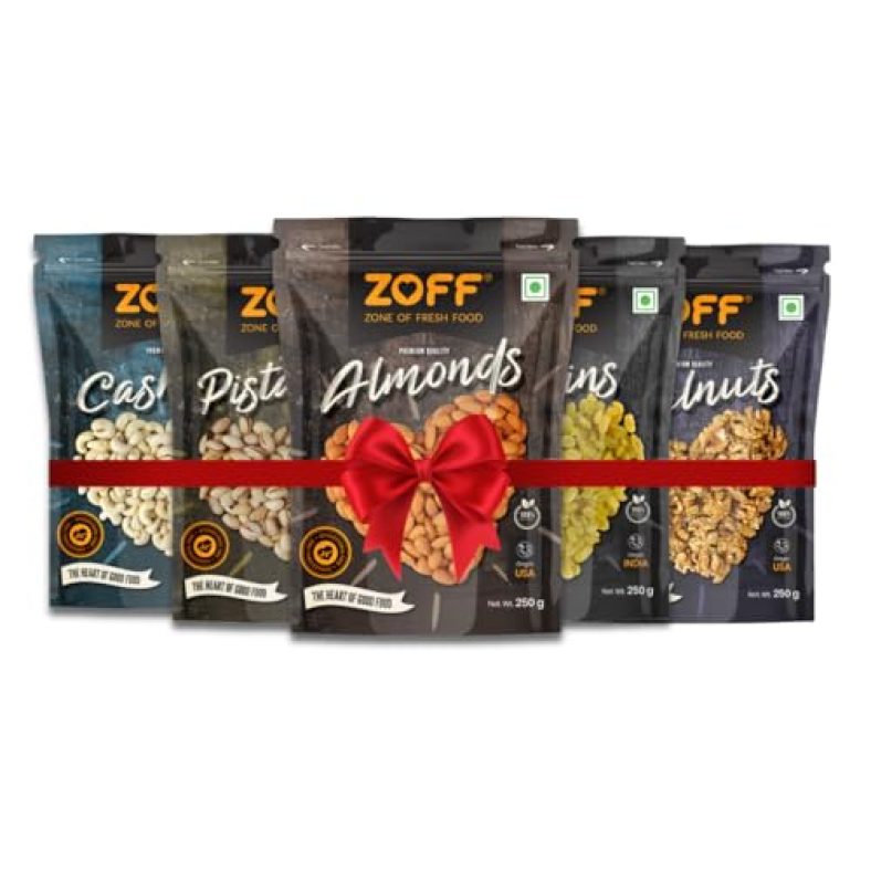 Zoff Premium Daily Needs Mixed Dry Fruits Combo – Almonds, Cashews, Raisins, Roasted Pistachios, And Walnut Halves 250G Each | Perfect Diwali And Festival Gifts & Hampers | Premium Zip Lock Pouch | Net Weight – 1.25Kg