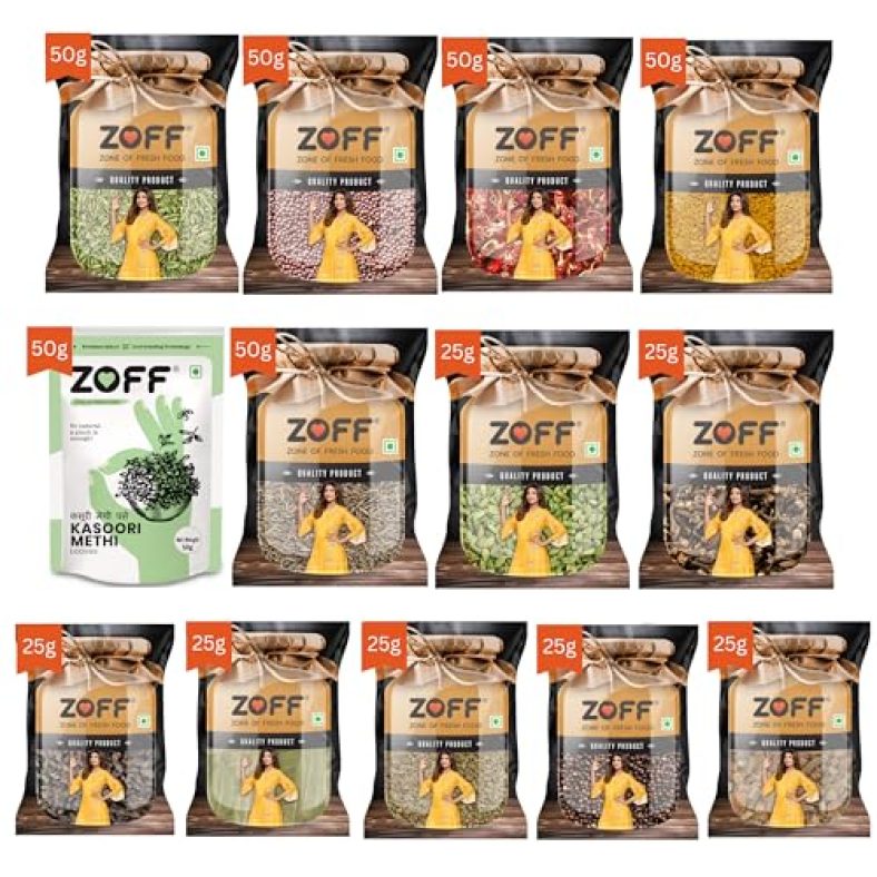 Zoff Whole Spices Pack Of 13 | 25 Gm Green Cardamom, Ajwain, Black Pepper, Cloves, Big Cardamom, Bay Leaves, Kasoori Methi | 50 G Methi Dana, Saunf , Jeera Whole, Red Mustard, Red Chilli Whole, Cassia 100% Natural | Net Weight 475Gm