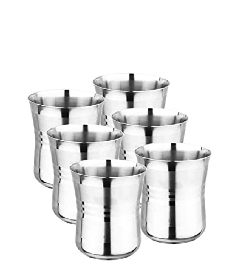 Hometales Stainless Steel Damru Glasses, 350Ml Per Unit, Pack Of 6 With Tool Touch Design (Heavy 22 Gauze)