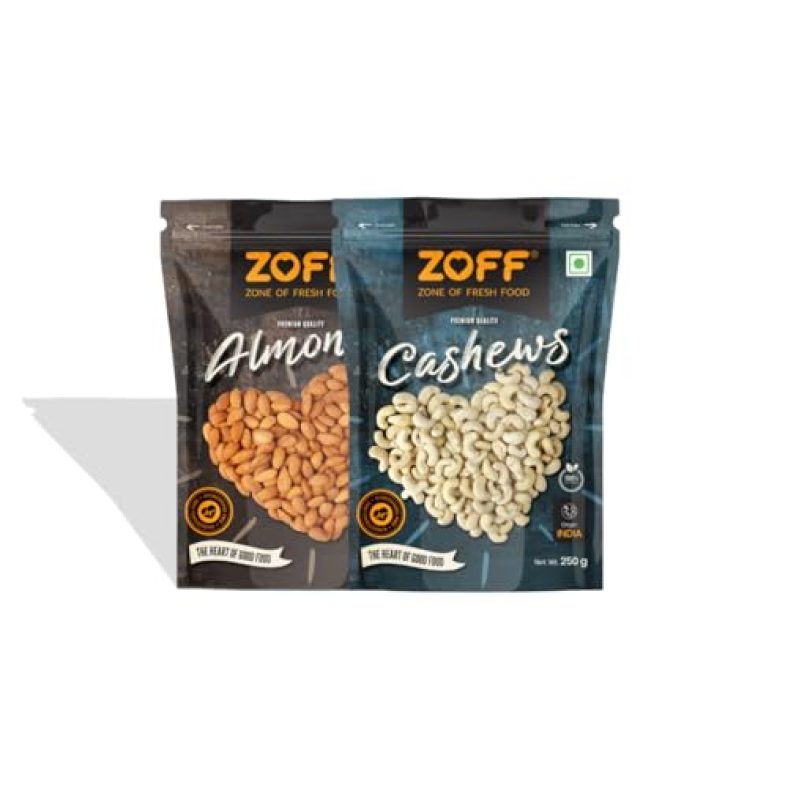Zoff Premium Dry Fruits Combo: Almonds & Cashews | 250G Each | Ideal Diwali And Festival Gifts & Hampers | Premium Zip Lock Pouch | Net Weight – 500G
