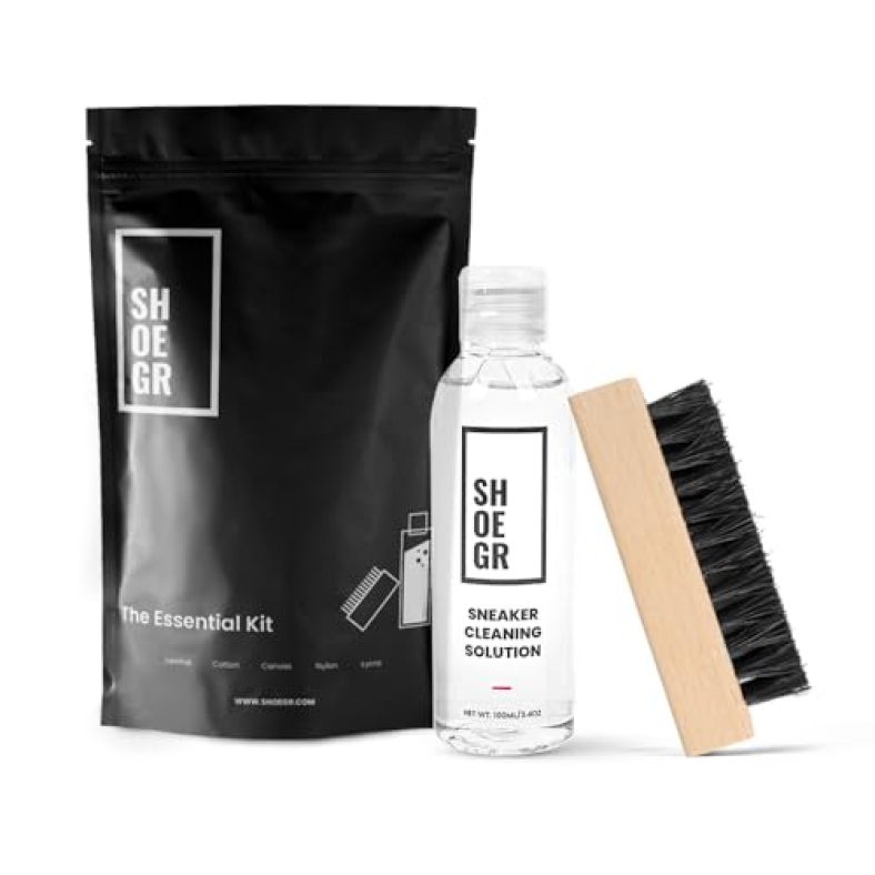 Shoegr Essential Sneaker & Shoe Cleaner Kit | Suitable For Nubuck, Canvas, Knit, Trainers, Multi-Material & Sports Shoes | Travel Friendly Shoe Care Kit | All Purpose Brush & Cleaning Solution