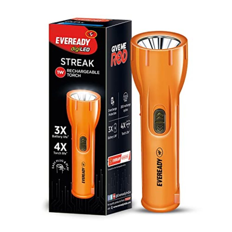 Eveready Led Rechargeable Torch Light | Dl22 | Bright Led | 3X Battery Life | 4X Torch Life | Overcharge Protection | Plug-N-Play | Suitable For Outdoor & Indoor Activities  