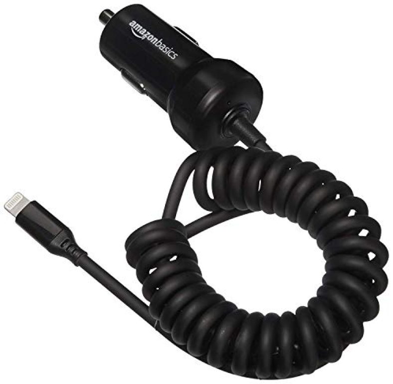 Amazon Basics Apple Certified High Speed Lightning Car Charger For Apple Devices With Coiled Cable- 5V 12 Watts – 1.5 Foot – Black