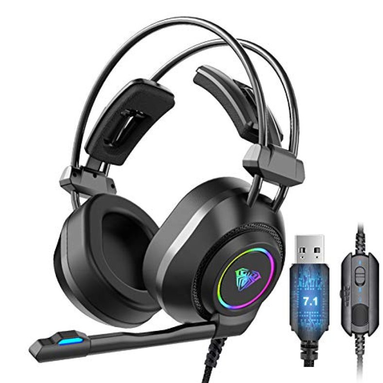 Aula S600 Professional Gaming Headset Usb 7.1, Lightweight Over-Ear Headphone With Rgb Light| Soft Foam Earmuffs & Hd Noise Cancelling, 360° Rotation Omnidirectional Mic For Desktop & Pc Gamers(Black)