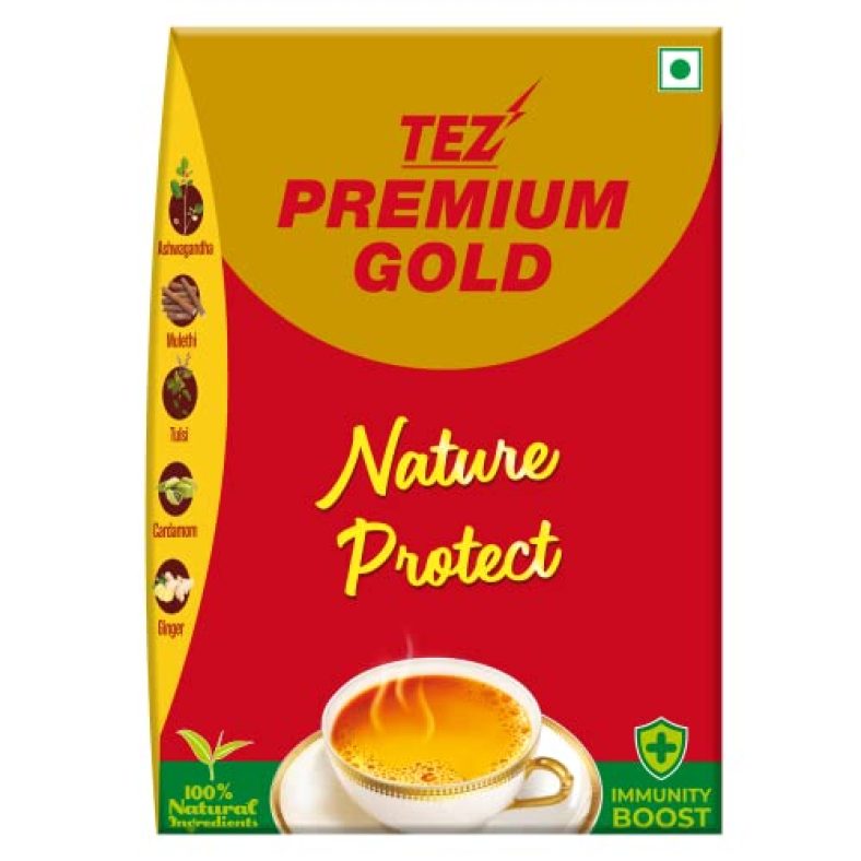 Tez Premium Gold Nature Protect Assam Black Ctc Leaf Tea,500G Box | 5 Ayurvedic Herbs – Ashwagandha, Mulethi (Licorice), Cardamom (Elachi), Tulsi (Basil), Ginger (Adrak) | Bold & Kadak Chai | Rich In Taste