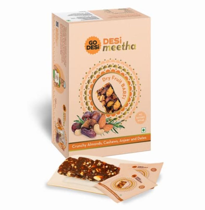 Go Desi Dry Fruits Barfi | 400 Grams | 20 Individually Wrapped Barfis | Indian Sweets Gift Pack | Dates Bar | Anjeer | Khajoor | Nuts | Sweets Indian Mithai