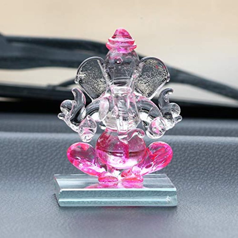Ecraftindia Pink And Transparent Double Sided Crystal Car Ganesha Showpiece
