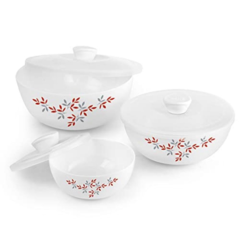 Cello Opalware Twilight Floral Mixing Bowls With Lid(500Ml, 1000Ml,1500Ml), 3 Units, White