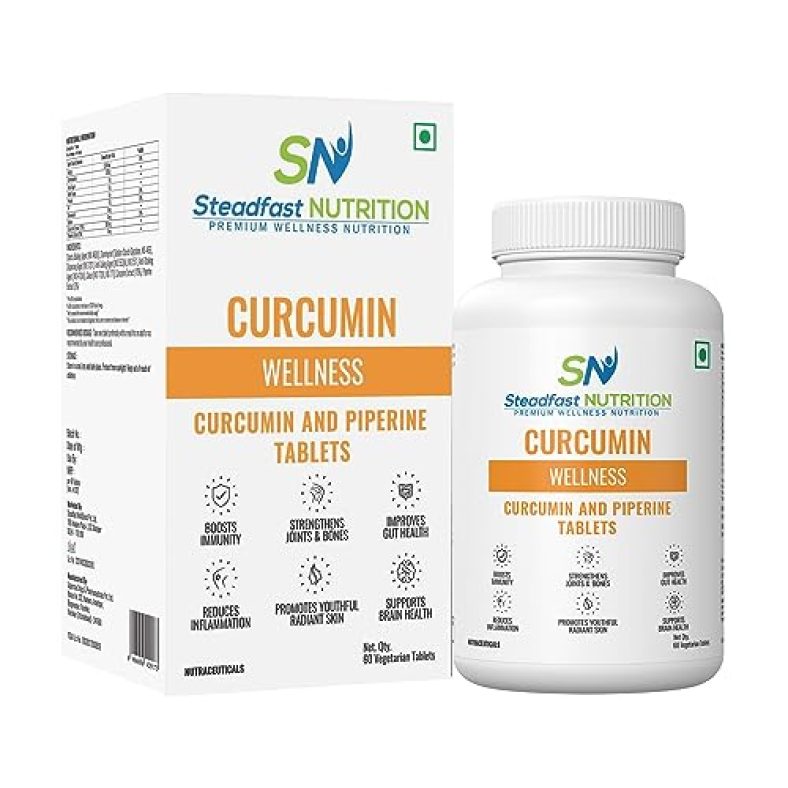 Steadfast Nutrition Curcumin With Piperine | Natural & Potent Supplements For Improved Wellbeing & Health| Immunity| Gut Health | Joint Support (60 Tablets)