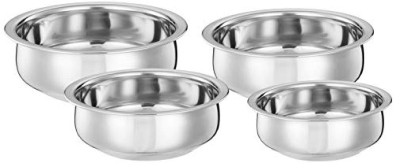 Amazon Brand – Solimo Stainless Steel Handi Set Size 15Cm,16 Cm,19Cm,21Cm (4 Pieces, 750Ml, 1100Ml, 1500Ml And 1900Ml)