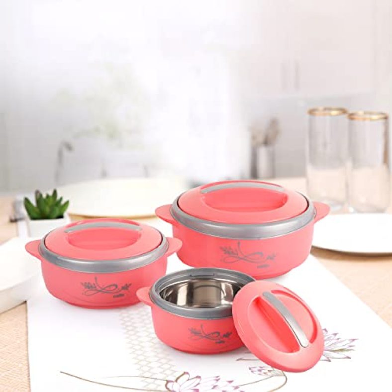 Cello Sapphire | Insulated Inner Steel Casserole | Set Of 3 (1500, 1000, 500) | Bpa Free | Food Grade | Serving, Peach