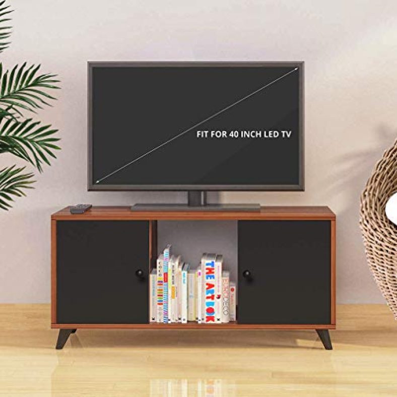 Klaxon Engineered Wood, Matt Finish Selian Tv Unit/Display Storage Cabinet Rack With Decor Shelf (Asian Walnut & Black, Set Of 1)