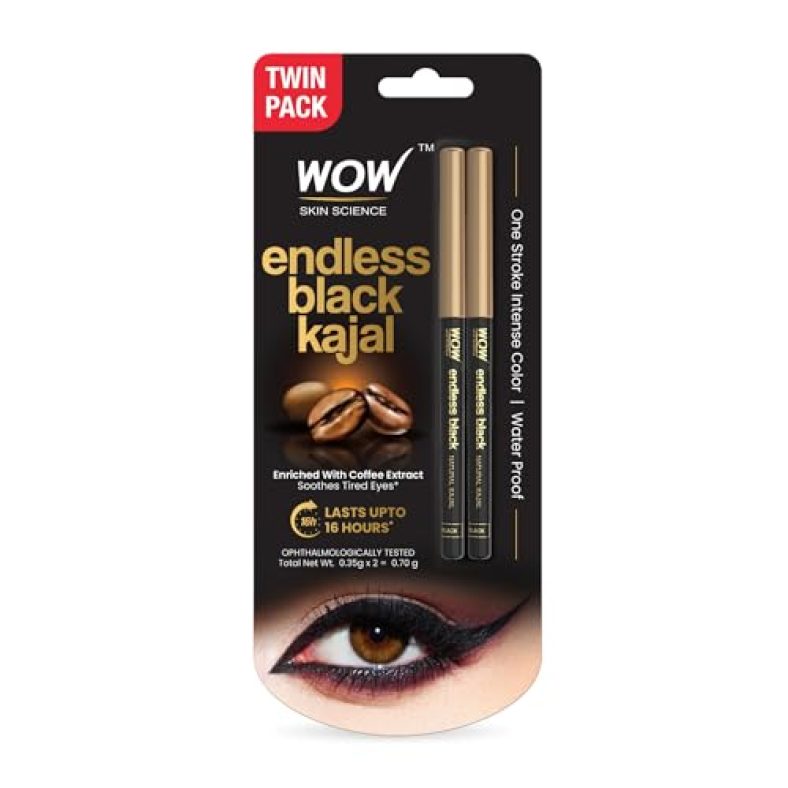 Wow Skin Science Endless Black Natural Kajal | Water Proof & Smudge Proof | Long Lasting Kajal Upto 16 Long Hours | No Parabens And Mineral Oils | Pack Of 2