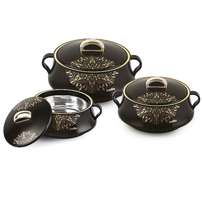 Cello Midas Casserole Gift Set With Inner Steel, 3 Unit(500Ml, 1000Ml, 1500Ml), Black
