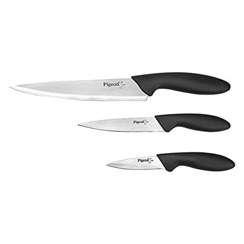 Pigeon Stainless Steel Kitchen Knife Set, 3 Pieces Knives Set Includes Chef Knife, Utility Knife, Paring Knife (Black Handle)