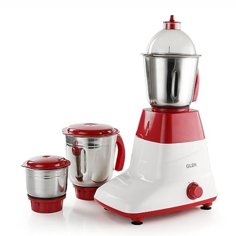 Glen Mixer Grinder 500W With 3 Stainless Steel Liquidiser, Grinder And Chutney Jars – Red (4025Lx) 2 Years Warranty
