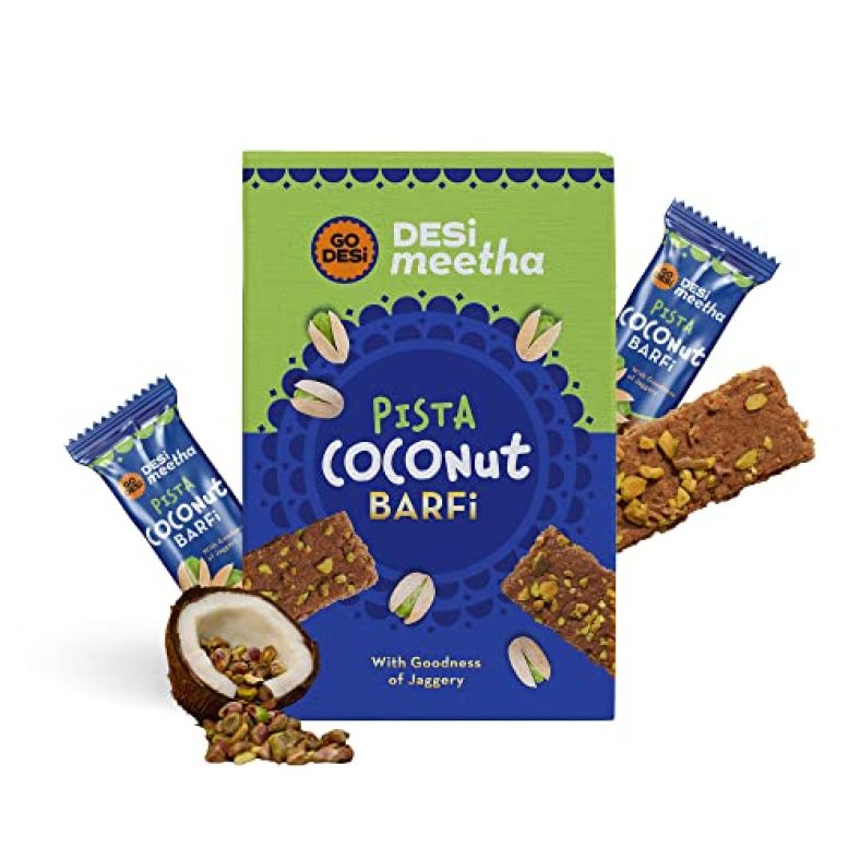 Go Desi – Desi Meetha Pista Coconut Barfi | 480 Grams | Indian Sweets Gift Pack | 40 Individually Wrapped Barfis | Dry Fruits Sweet | Pistachio Nuts Bar | Sweets Indian Mithai