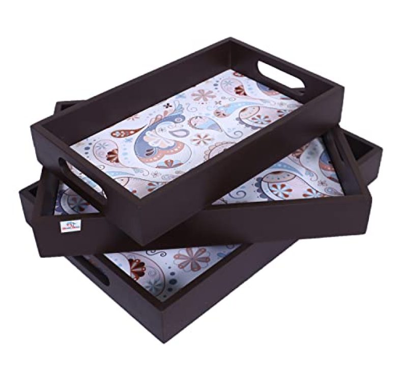 Heart Home Nested Serving Trays|Wooden Paisley Design Farmhouse Platter|Rectangular Shape Coffee Table Tray With Handles For Kitchen,Dining Area,Set Of 3 (Brown)