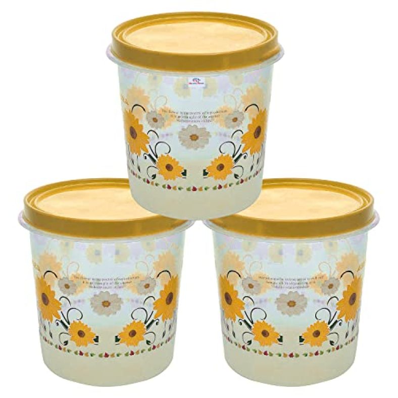 Heart Home Storage Container|Durable Plastic Floral Design Bpa Free Food Kitchen Organizer With Lid|Food Utility Jar, 5 Ltr, Pack Of 3 (Yellow)