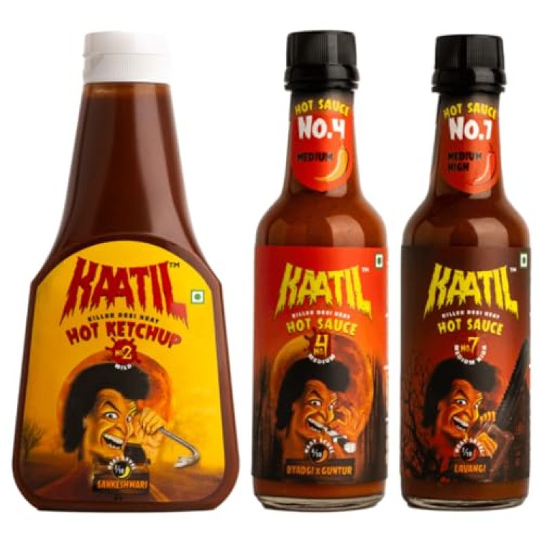 Kaatil – Serial Kaatil Combo – Hot Sauce No 4, Hot Sauce No 7 & Hot Ketchup No 2 | Premium Hot Sauces | Made In Indian Chillies | No Artificial Colours/Flavours | Cooked Hot Sauce | Vegan, (200Gm+200+400 Gm Each)