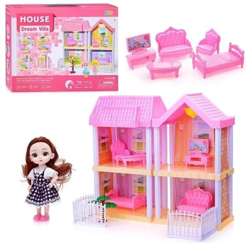 Jack Royal Dream Doll House Playset Home With Accessories Portable Princess House Great Gift For Girls Age 3 And Above (70Pcs)