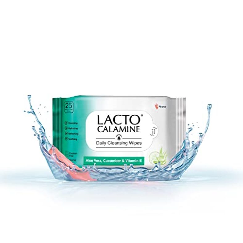 Lacto Calamine Daily Cleansing Facial Wipes | 25 Wipes | Wet Wipes For Face With Aloe Vera, Cucumber & Vitamin E | Makeup Remover Wipes | Hydrating, Refreshing, Soothing | Paraben & Alcohol Free