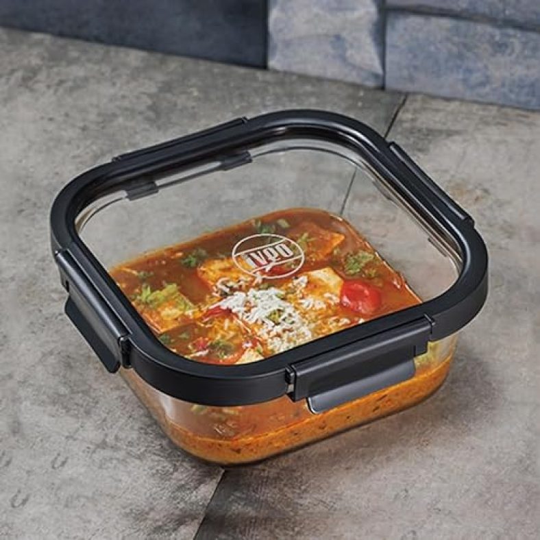 Iveo Borosilicate Glass Container, Glass N Glass | Microwave Safe Food Container | Cook Serve Store | For Carrying And Storing Food | With Glass Lid | Leak Proof | 520 Ml, Square, 1 Pc, Black
