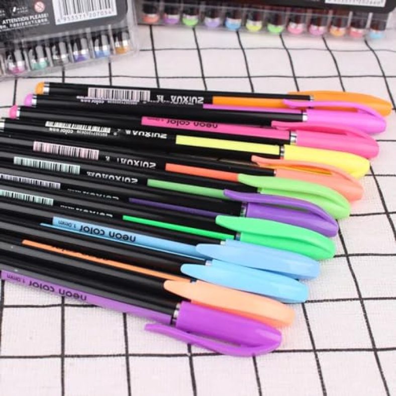 Glun 12Pcs Neon Color Set Neon Metallic Fluorescence Highlighter Pastel Gel Pen For Art Sketch Doodle Painting Drawing Kids Gift
