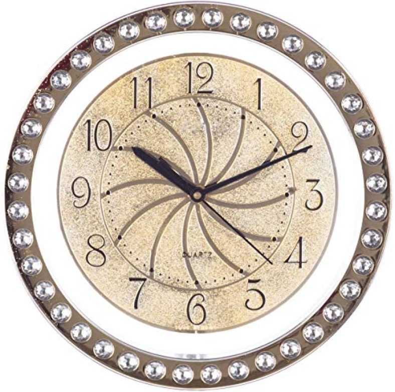 Chronikle Designer Round Golden Color Dial Diamond Style Plastic Case Analog Wall Clock For Living Room Home Decorations Office Gifts (Size: 27 X 27 X 4.5 Cm | Weight: 440 Gram)