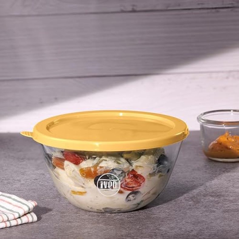 Iveo Borosilicate Glass Mixing And Serving Bowl, Microwave Safe Bowl With Lid Mix Max | For Mixing, Cooking In Oven | Serving Bowl | Storage Bowl With Lid | 1500 Ml, Round, 1 Pc, Yellow