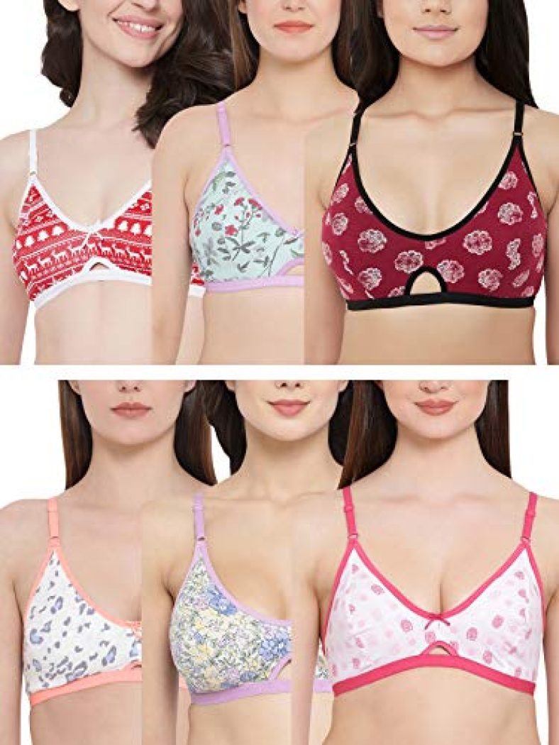 Clovia Women’S Pack Of 6 Cotton Rich Non-Padded Non-Wired T-Shirt Bra (Combrc719_Multicolored_34C) (Print And Color May Vary)