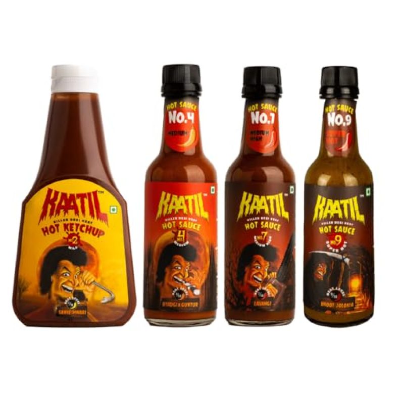 Kaatil Serial Kaatil Combo Pack Of 4 | Hot Ketchup No.2, Hot Sauces No.4, No.7, No.9 | Dip, Spread, Marinade, Saute, Stir-Fry | Made With Premium Indian Chillies | Made In India | Vegan | 1000 Gms
