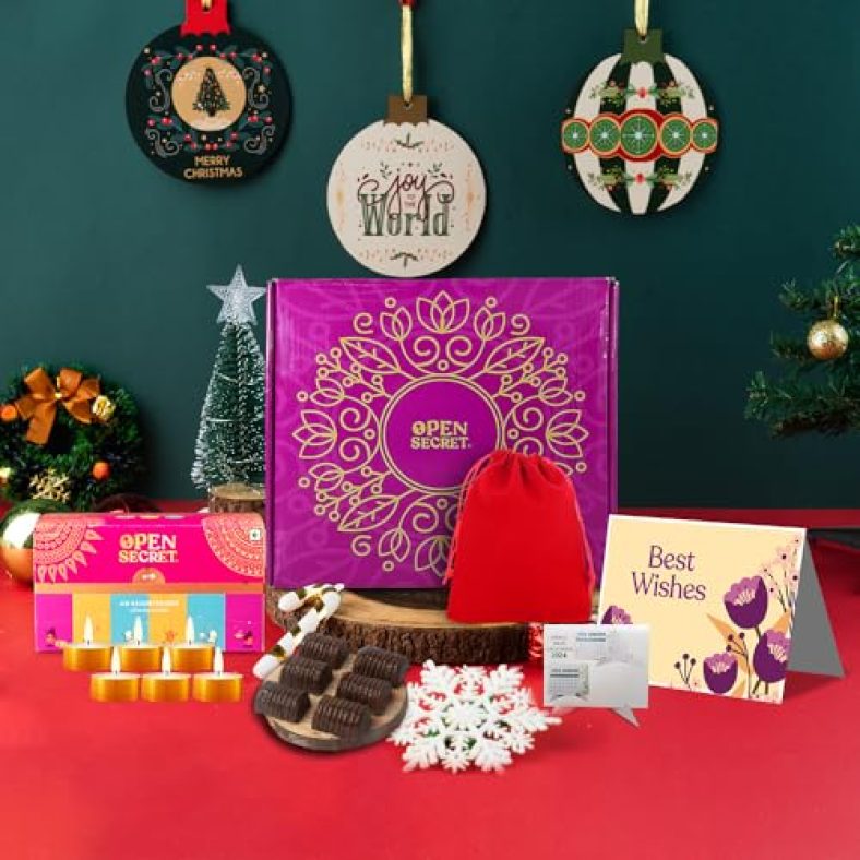 Open Secret Gift Hamper | 7 Item Gift Combo – Gift Box, Card, Scented Candles (Pack Of 6), Assorted 12 Cookies, Calendar | Healthy Unjuncked Food | Gift For Corporate, Family, Friends