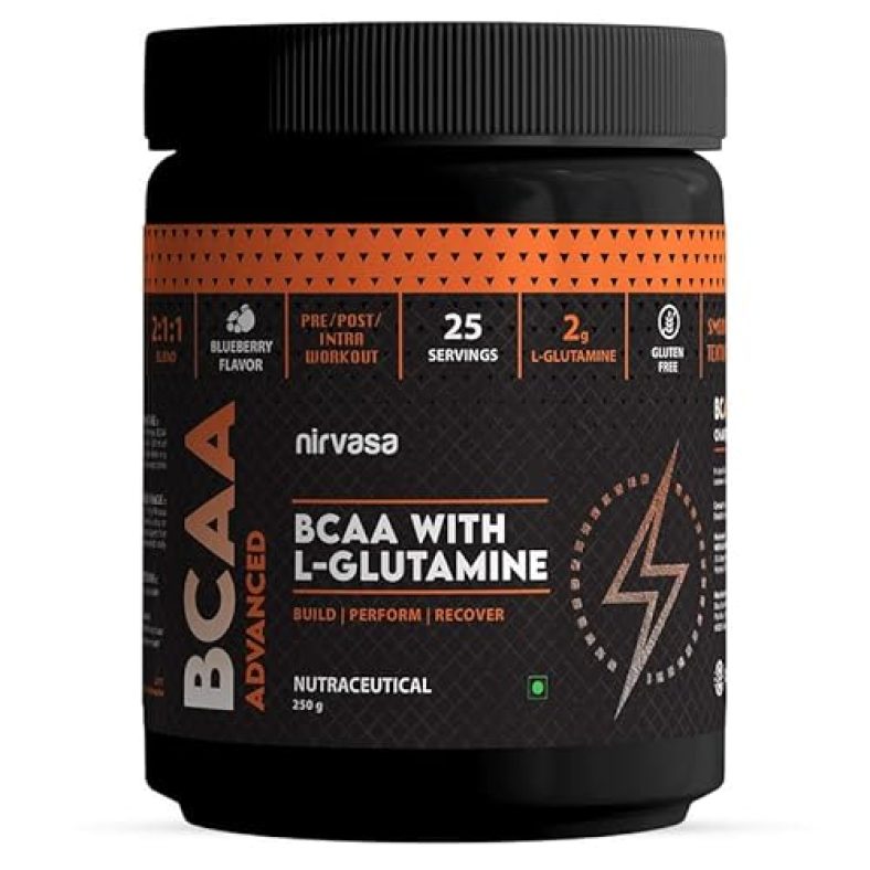 Nirvasa Bcaa Advanced Powder With L-Glutamine [210G, Blueberry Flavour] | Sugar-Free Mass Gainer Of 2:1:1 Ratio For Energy & Recovery | Pre Workout Bcaa Supplement For Men & Women | 210 Gm (Set Of 1)