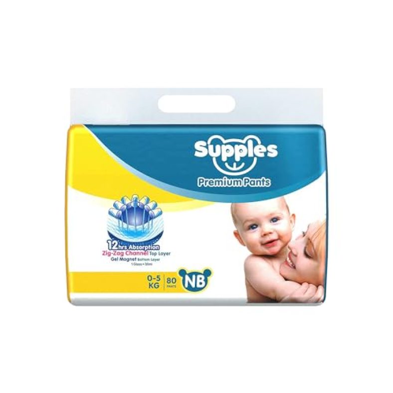 Supples Premium Diapers, New Born/X-Small (Nb/Xs), 80 Count, 0-5 Kg, 12 Hrs Absorption Baby Diaper Pants