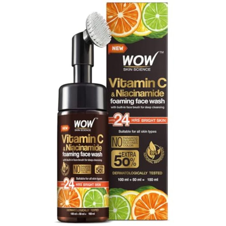 Wow Skin Science Brightening Vitamin C & Niacinamide Foaming Face Wash | For Brighter Glow | Built-In Brush For Deep Cleansing | Brightens & Evens Out Skin Tone | Face Wash For Women & Men | 150Ml