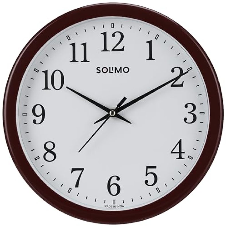 Amazon Brand – Solimo Round Wall Clock | Wooden Look | Plastic | 10 Inch | Brown