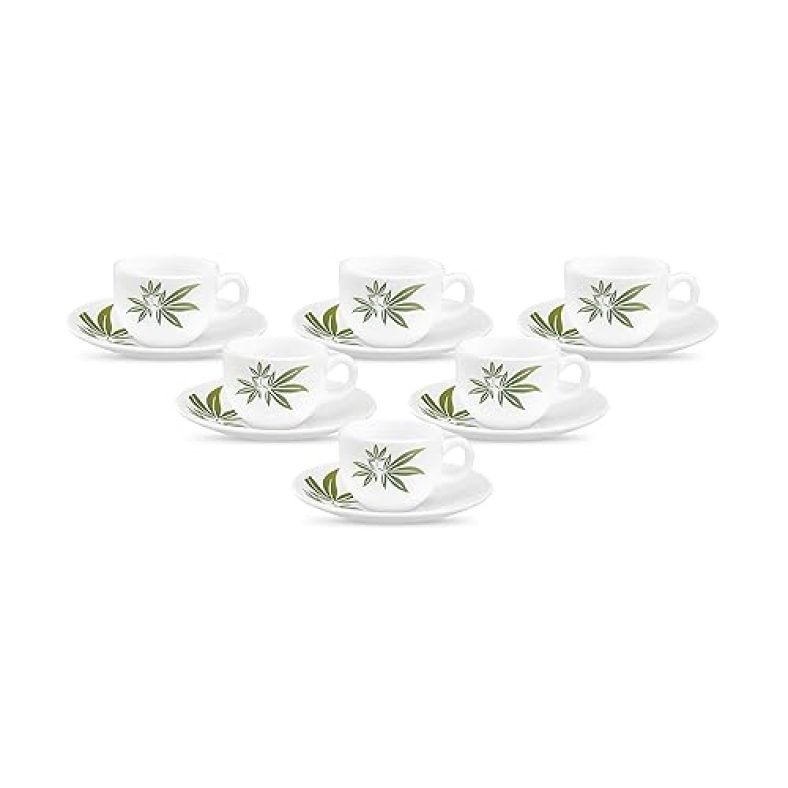 La Opala , Melody Collection, Opal Glass Coffee Cup & Saucer Set Jamaica 12 Pcs, Trinty Green, White, 100 Ml